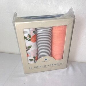 Little Unicorn Cotton Muslin Swaddle Blankets 3 Pack Floral Stripes Pink Gray